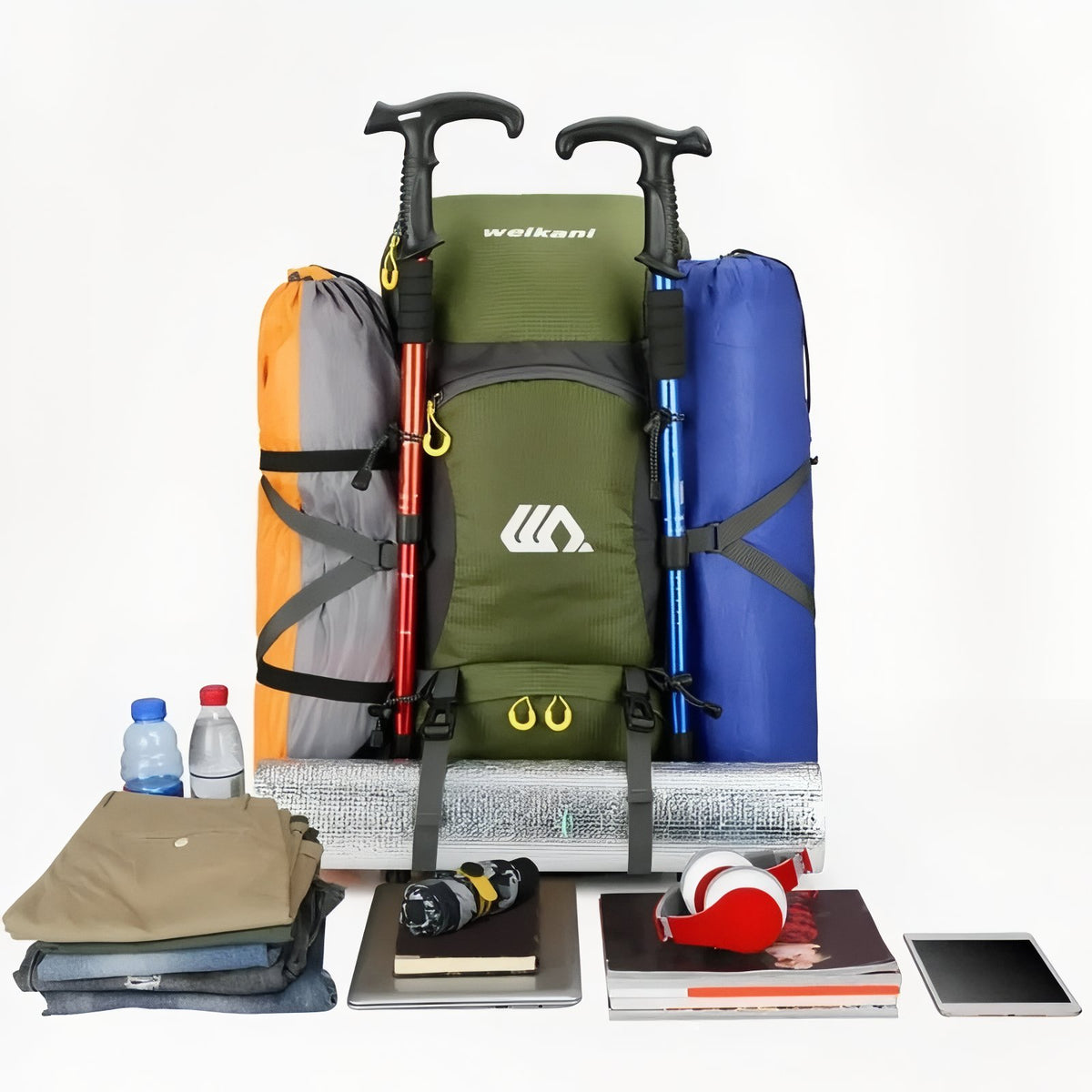Lightweight Hiking Backpack 50 liters in use with accessories - Orange - Black - Navy Blue - Red - Green