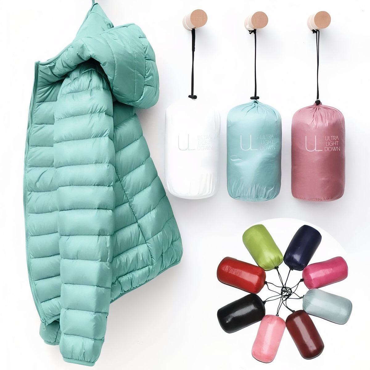 Women's Compressible Hiking Down Jacket hanging clothes - Powder Pink - Navy Blue - Navy Blue (without hood) - Orange - Beige - Beige (without hood) - Mint Green - Mint Green (without hood) - Pink - Blue - Purple - Purple (without hood) - Red - Red (without hood) - Black - Black (without hood) - Burgundy - Burgundy (without hood)
