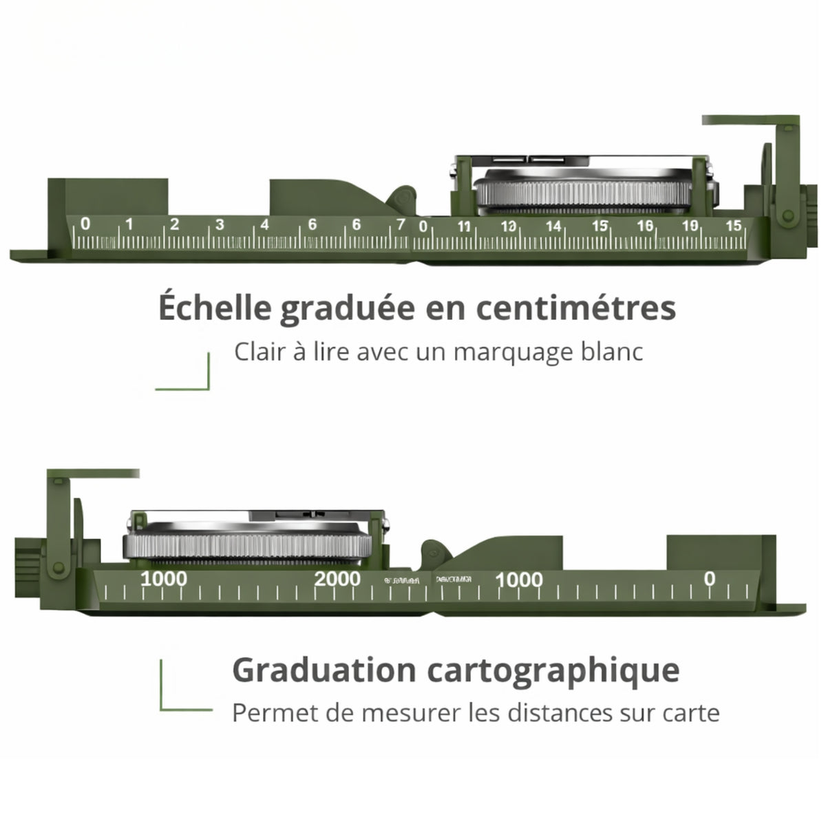Boussole Multifonction avec Inclinomètre gros plan échelle graduée - Vert Militaire