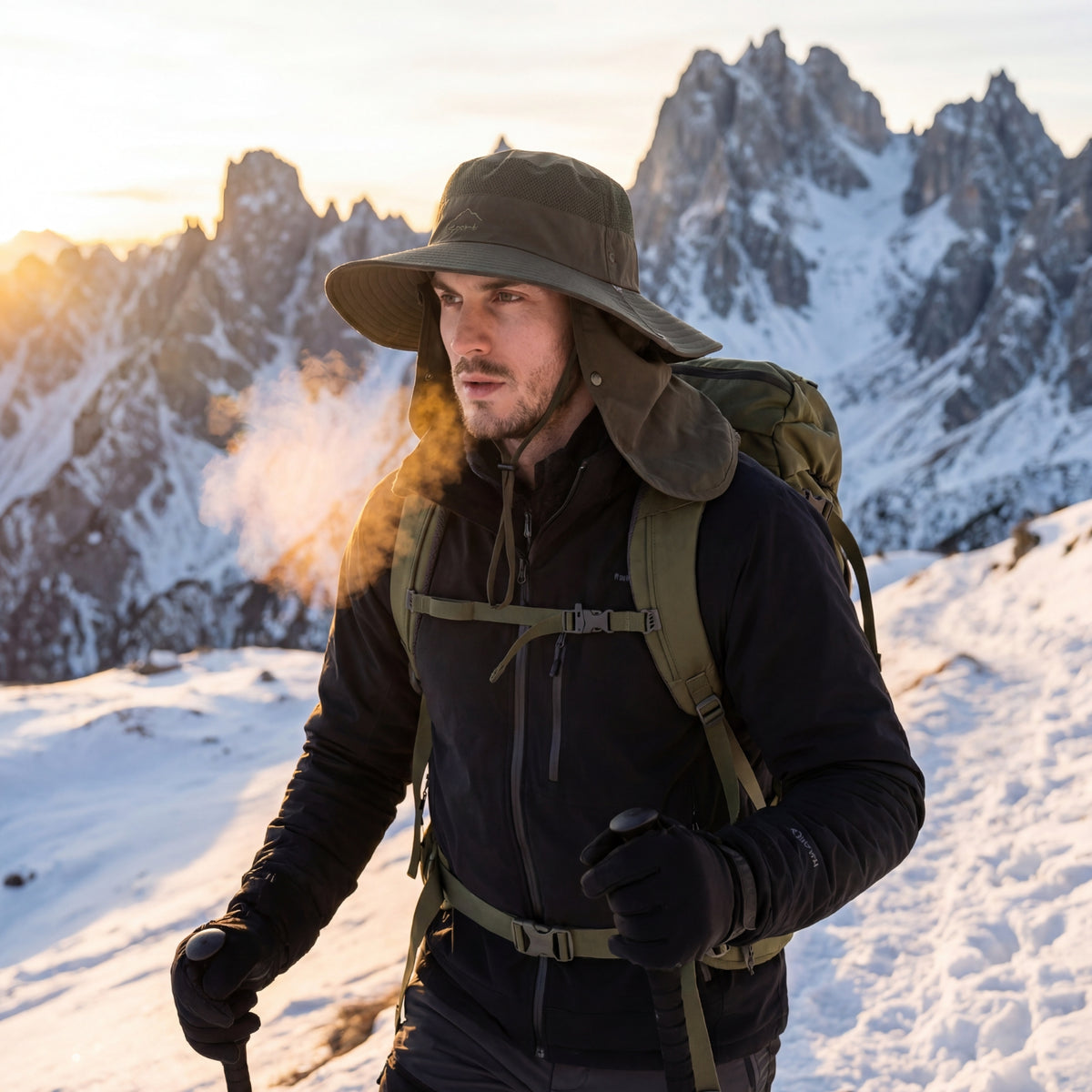 Anti-UV Hiking Hat worn on a hike - Dark Green - Dark Grey - Black - Light Blue - Light Grey - Pale Pink - Pale Purple - Beige - Cream - Navy Blue