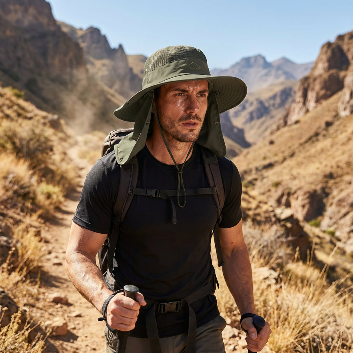 Anti-UV Hiking Hat worn on a hike - Dark Green - Dark Grey - Black - Light Blue - Light Grey - Pale Pink - Pale Purple - Beige - Cream - Navy Blue