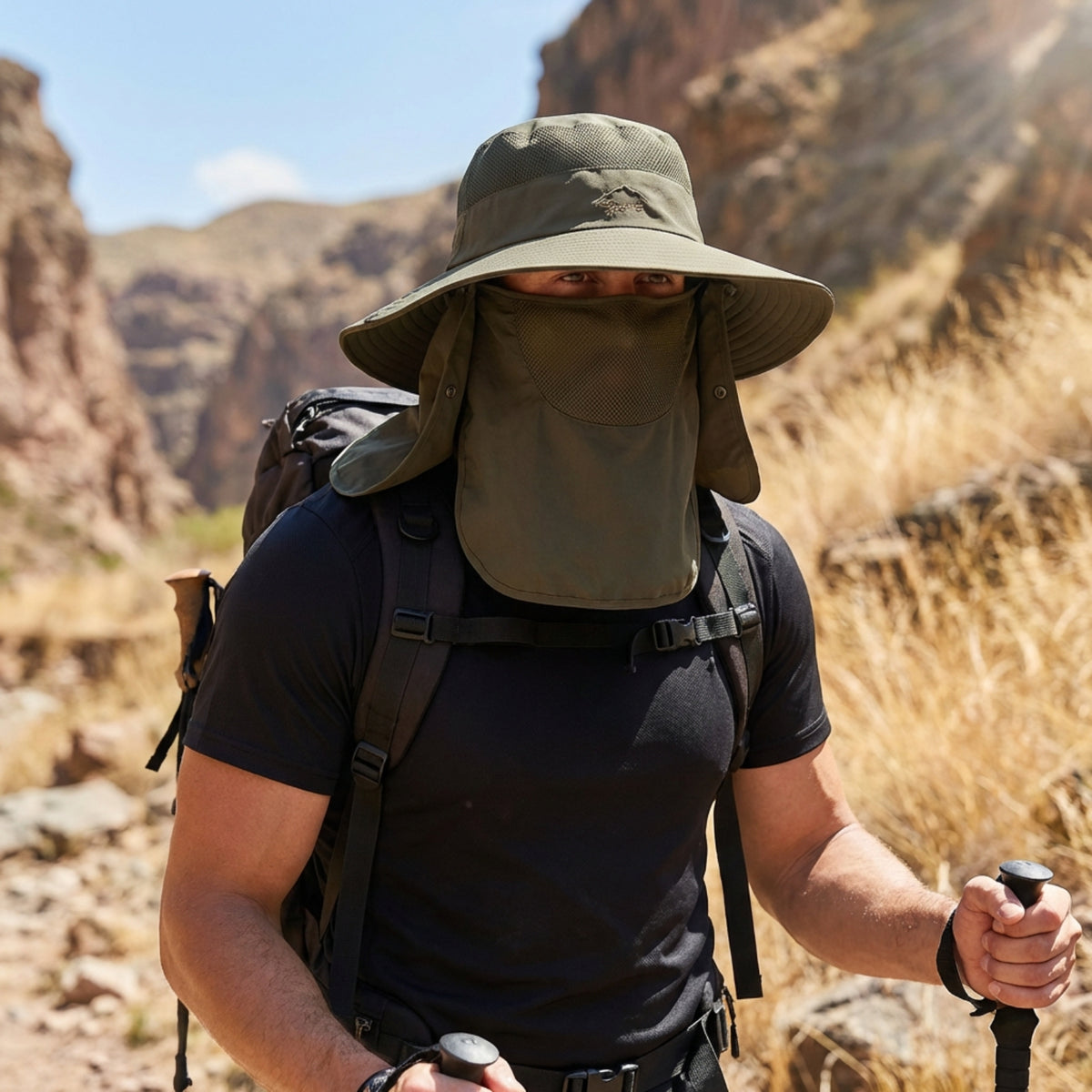 Anti-UV Hiking Hat worn on a hike - Dark Green - Dark Grey - Black - Light Blue - Light Grey - Pale Pink - Pale Purple - Beige - Cream - Navy Blue