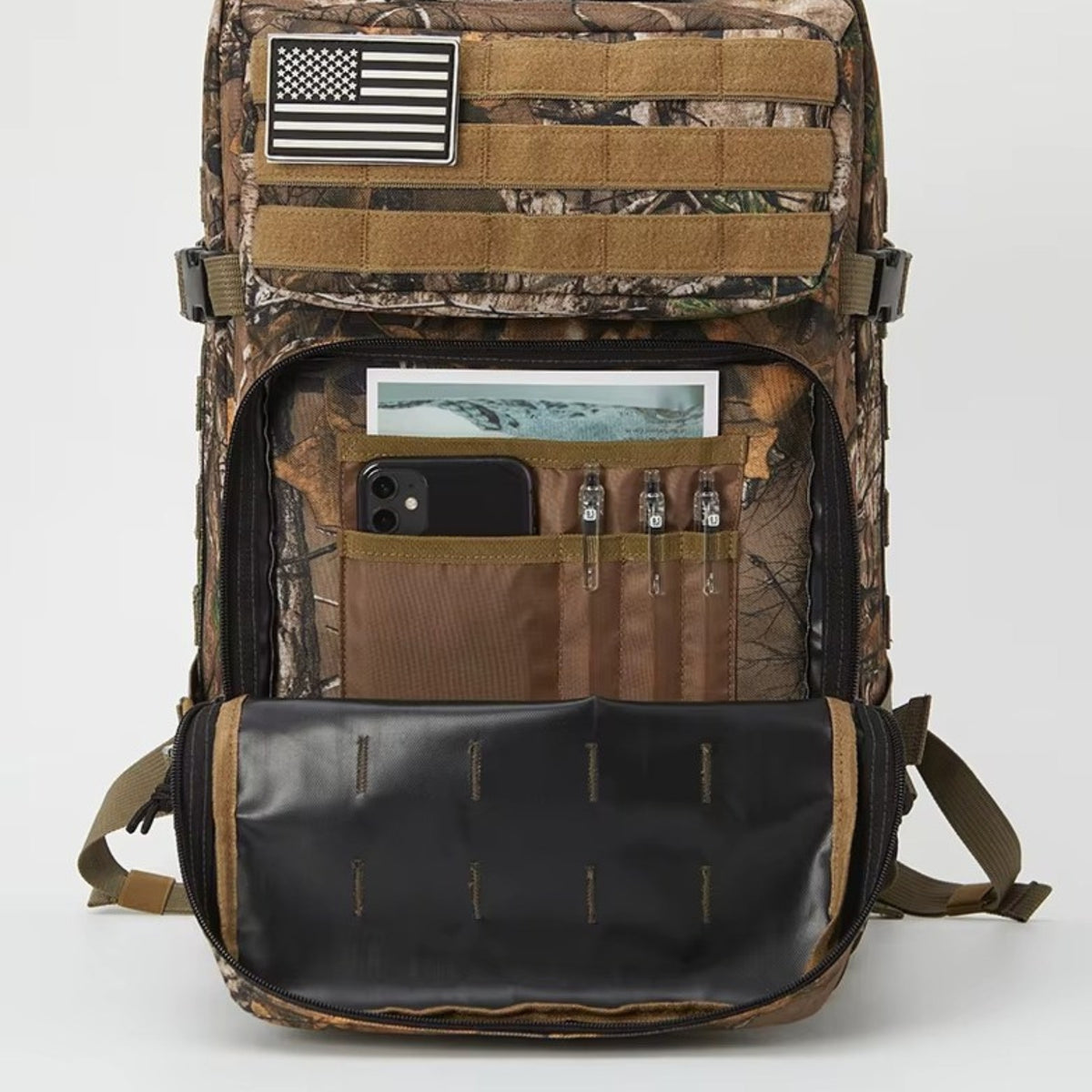 Camouflage Backpack 45L open compartment - Black and Gray - Gray and Beige - Olive Green and Beige - Black - Brown and Forest Green - Beige Brown