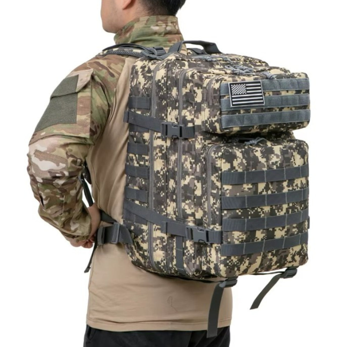 Camouflage Backpack 45L worn on the back - Black and Gray - Gray and Beige - Olive Green and Beige - Black - Brown and Forest Green - Brown Beige