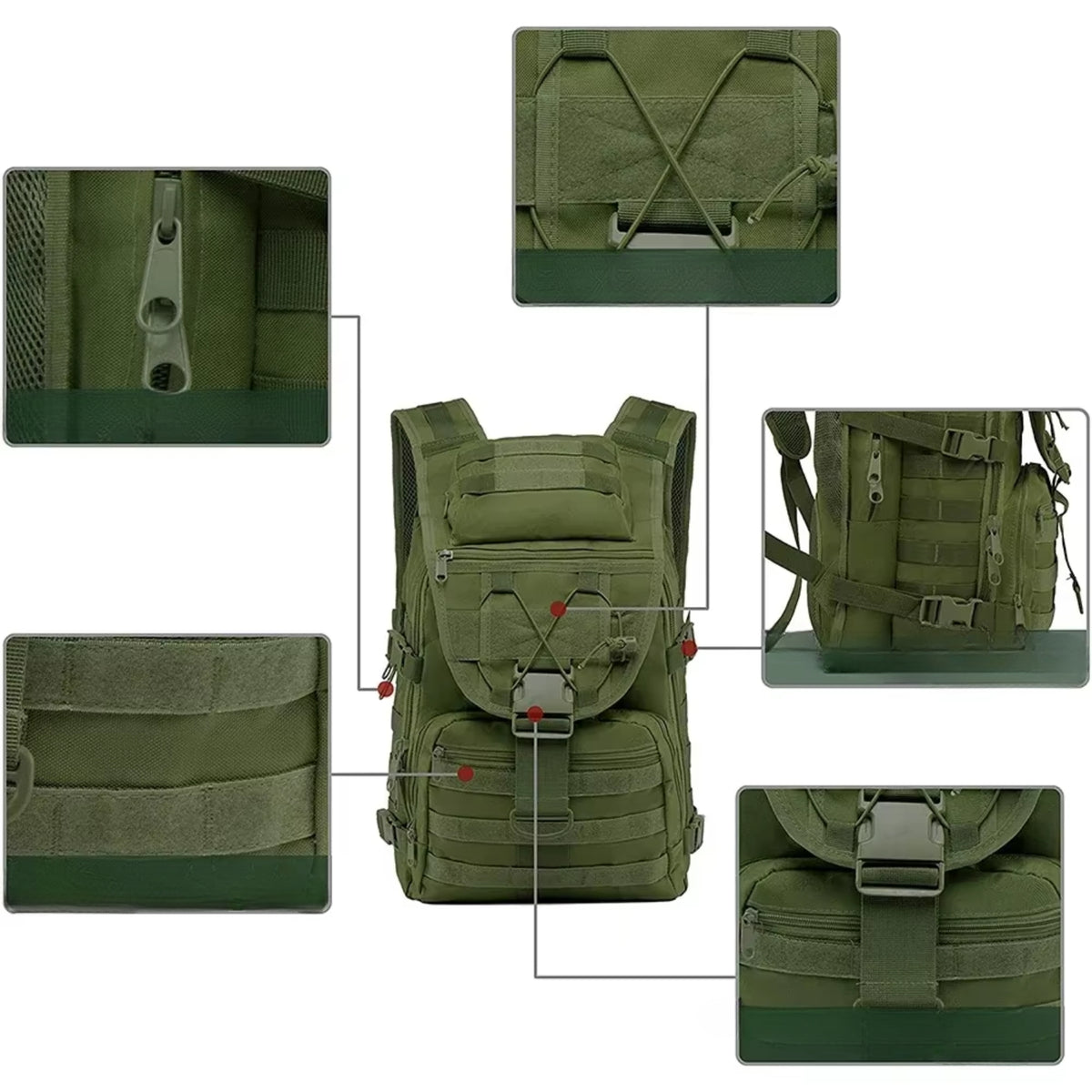 40 Litre Military Backpack strap details - Olive Green - Sand Beige - Black - Grey