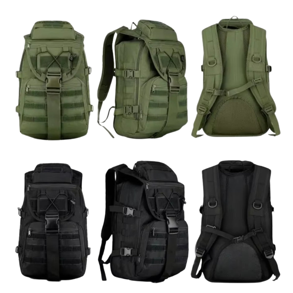 Military Backpack 40 Liters six bags aligned - Olive Green - Sand Beige - Black - Gray