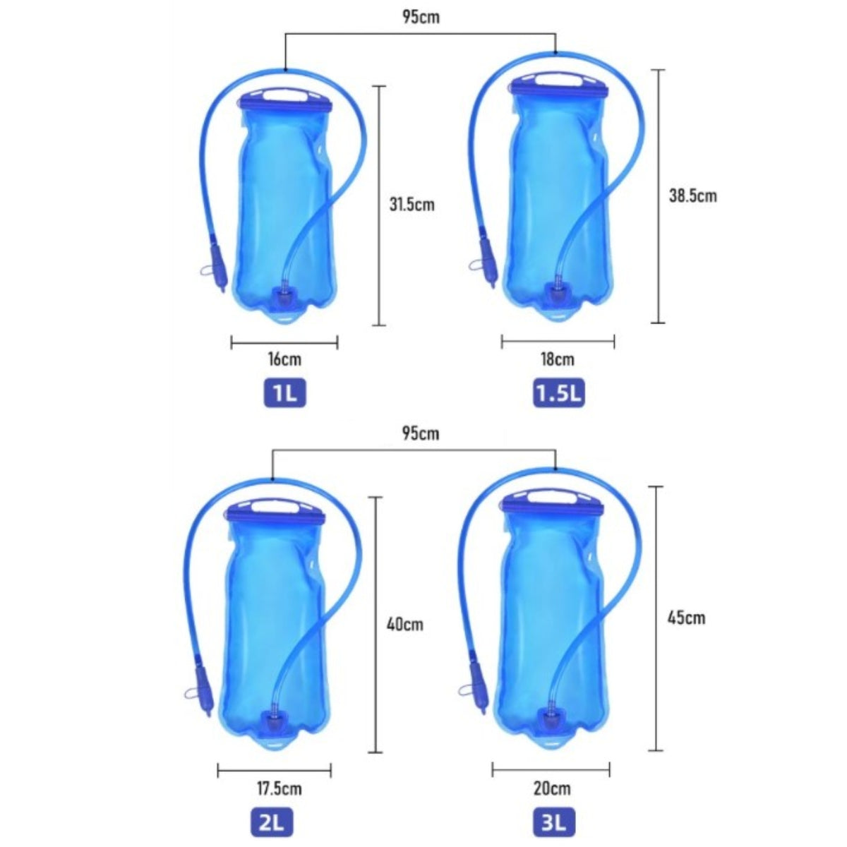 Hiking Water Bladder size guide - 1 L - 1.5 L - 2 L - 3 L