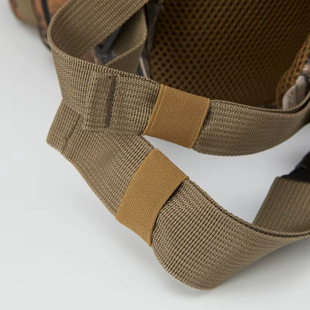 Close-up of Camouflage Backpack 45L strap - Black and Gray - Gray and Beige - Olive Green and Beige - Black - Brown and Forest Green - Brown Beige