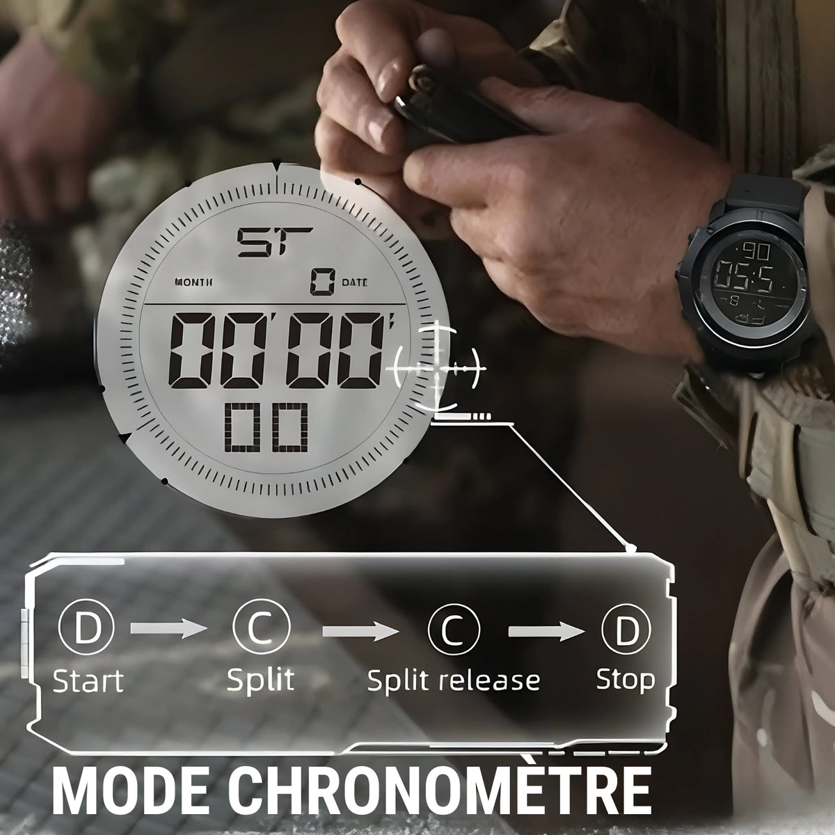 Montre Homme Randonnée mode chronomètre affiché - Noir Mat - Noir et Vert Olive