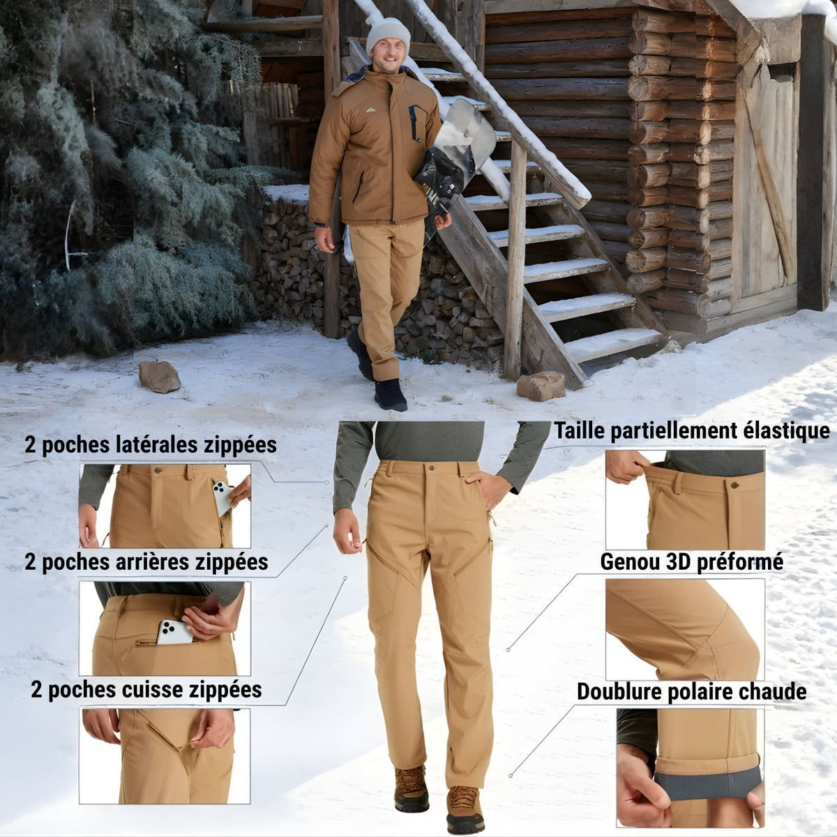 Pantalon Randonnée Chaud Homme mise en situation portée - Beige - Vert Militaire - Noir - Bleu Marine - Gris Foncé