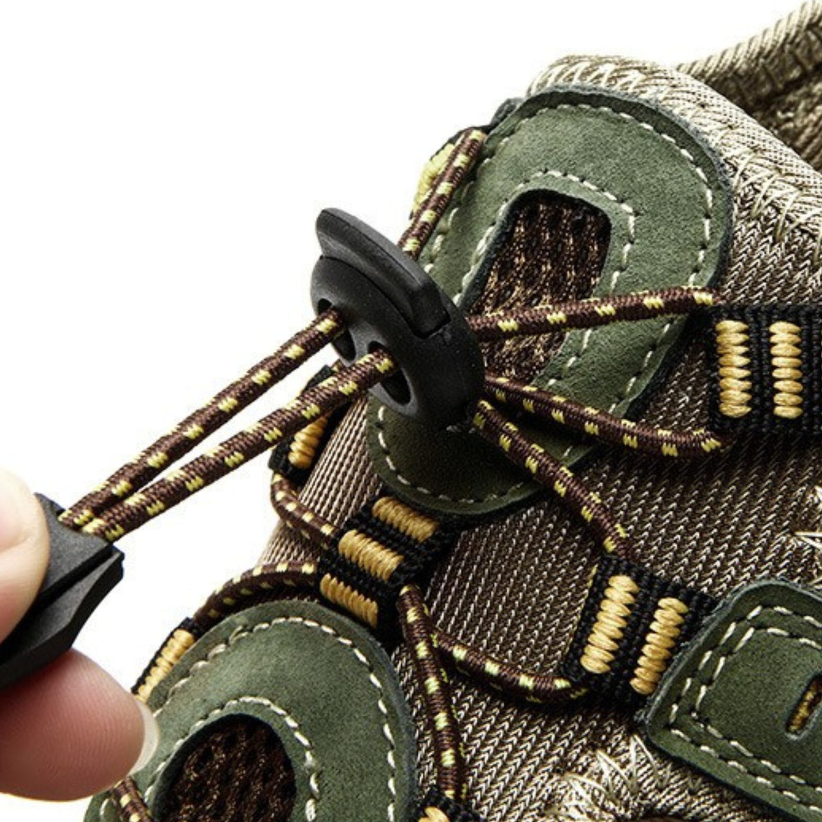 Sandales Randonnée Cuir Homme gros plan système de laçage - Marron Clair - Marron Foncé et Beige - Vert Olive et Beige - Marron et Beige - Noir et Beige - Vert Foncé et Beige