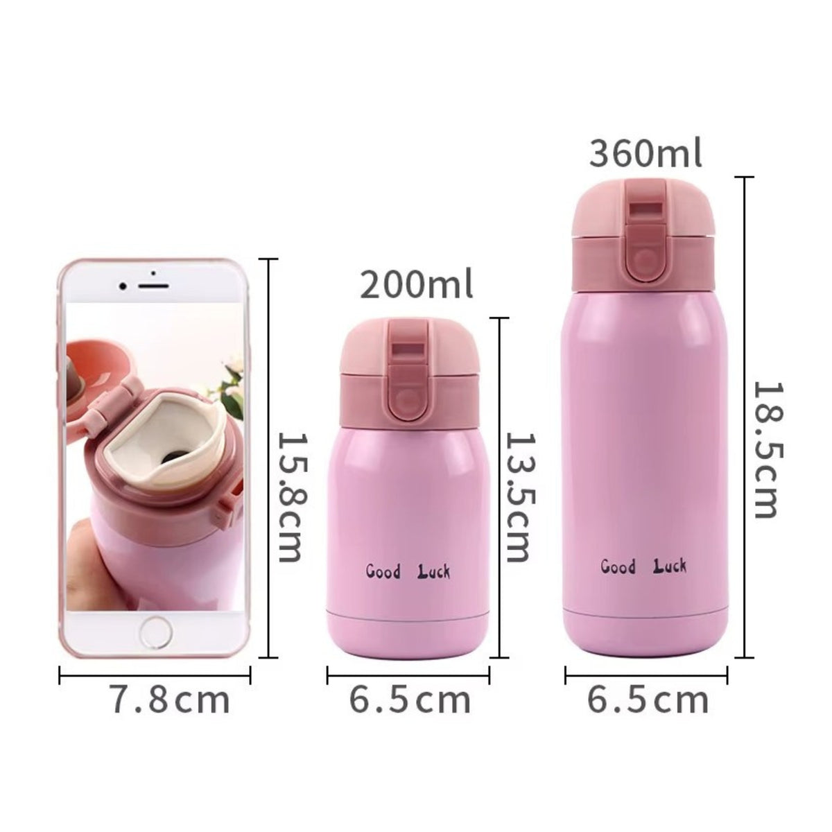 Mini Insulated Bottle 200ml size guide - Pink - White - Raspberry - Turquoise - Orange