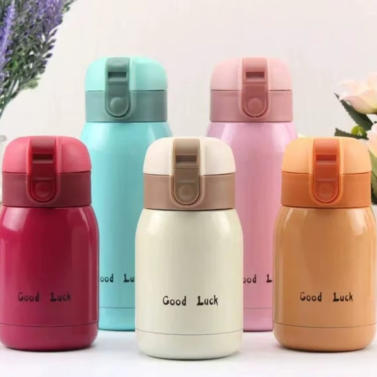 Mini Insulated Bottle 200ml four sizes aligned - Pink - White - Raspberry - Turquoise - Orange