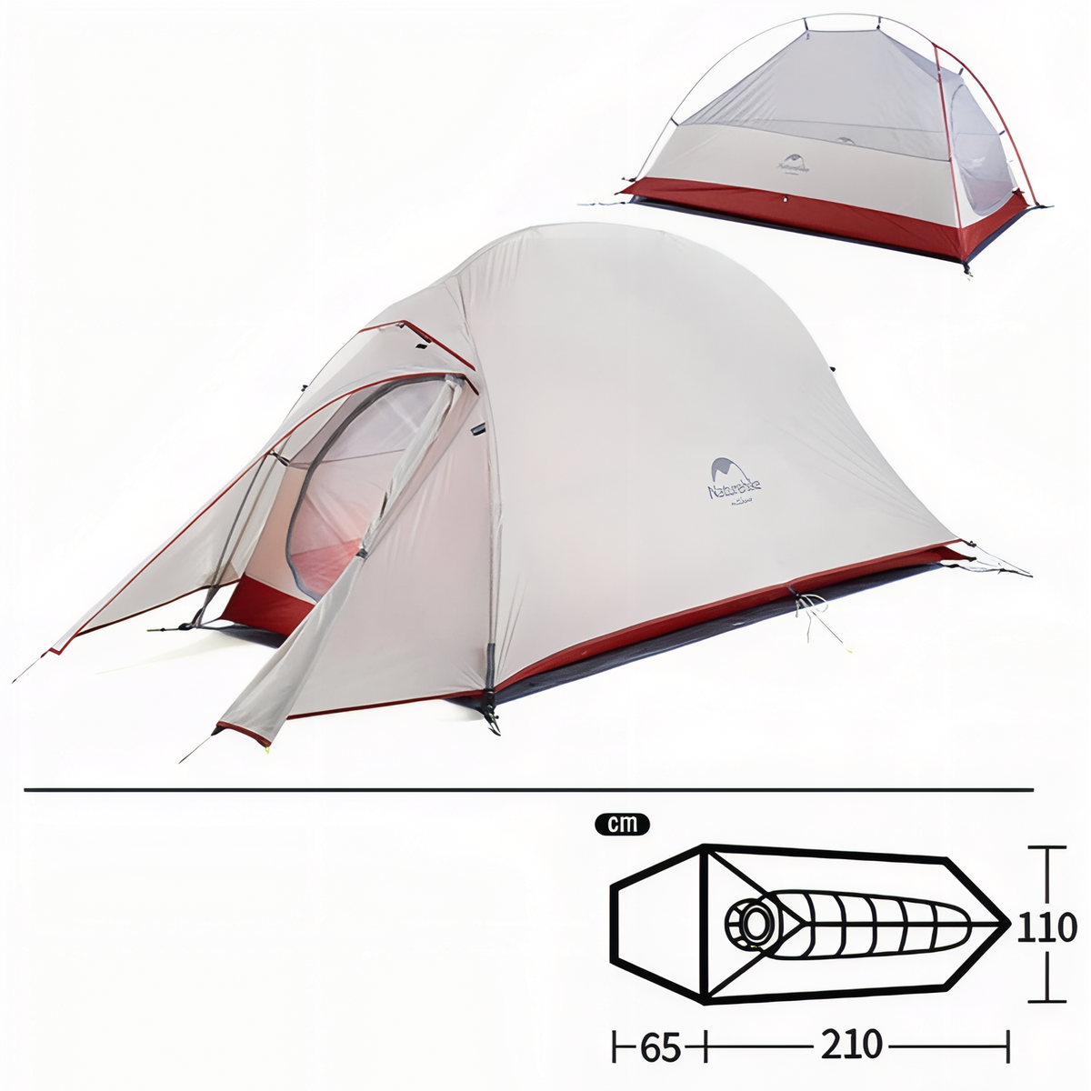 Tente 1 Personne Randonnée guide des dimensions - Beige et Rouge - Vert Pomme - Vert Foncé