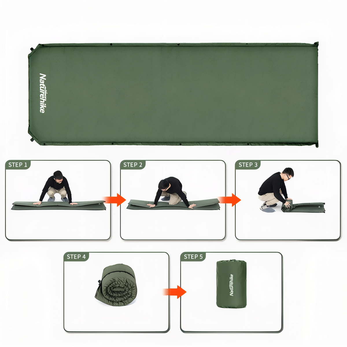 Self-Inflating Camping Mattress 1 Person Folding Steps - Dark Green - Dark Gray - Light Beige