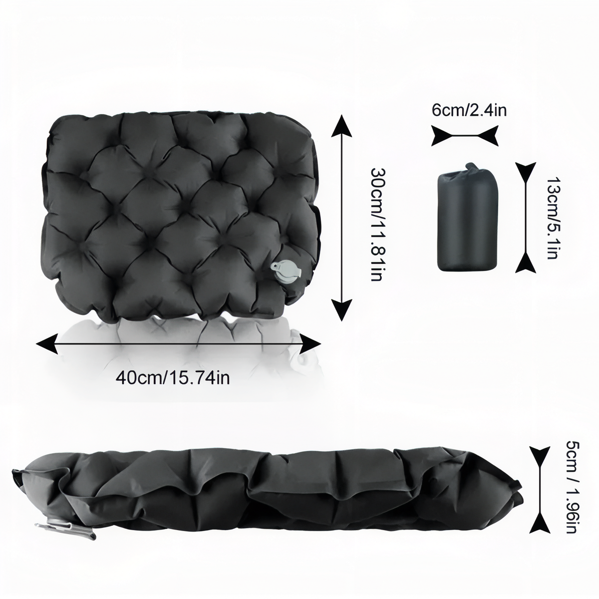 Coussin Assise Gonflable Ultra Léger guide des dimensions - Gris Anthracite