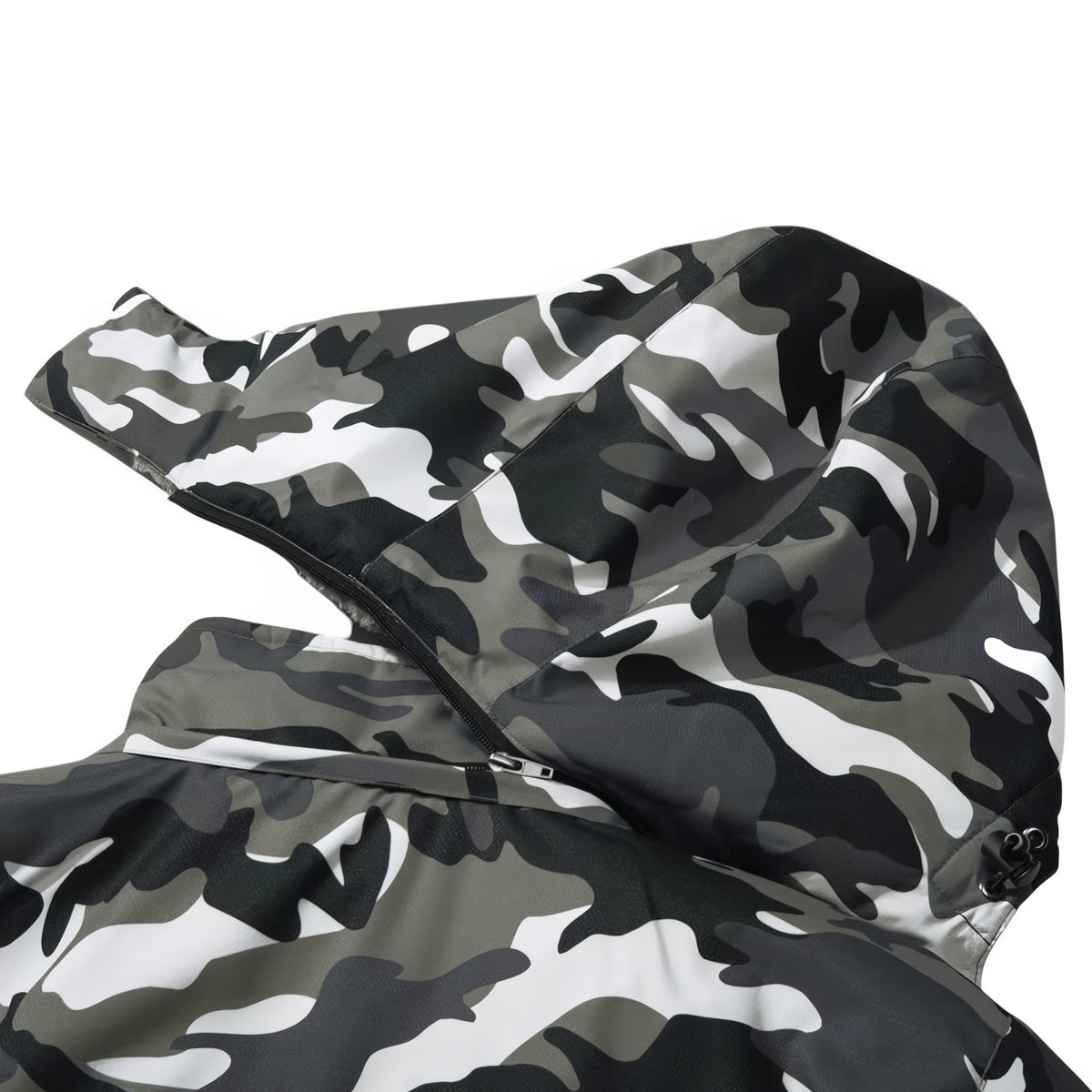 Close-up of Camouflage Hiking Jacket zipper - Dark Green - Blue - White - Black