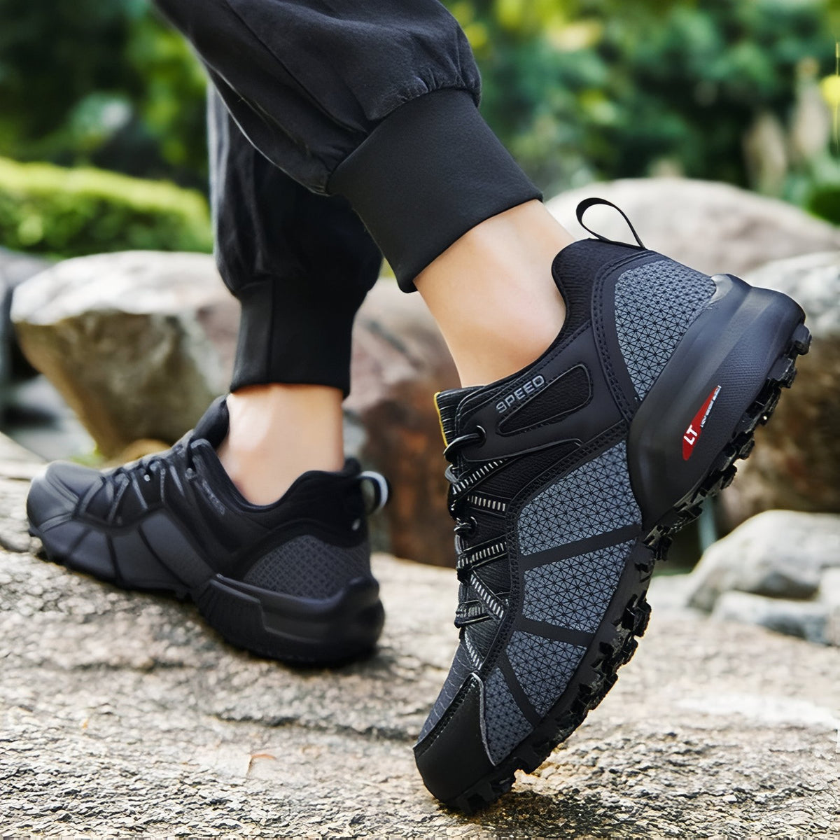 Waterproof Hiking Sneakers worn on foot - Black - Black and Red - Black and Blue