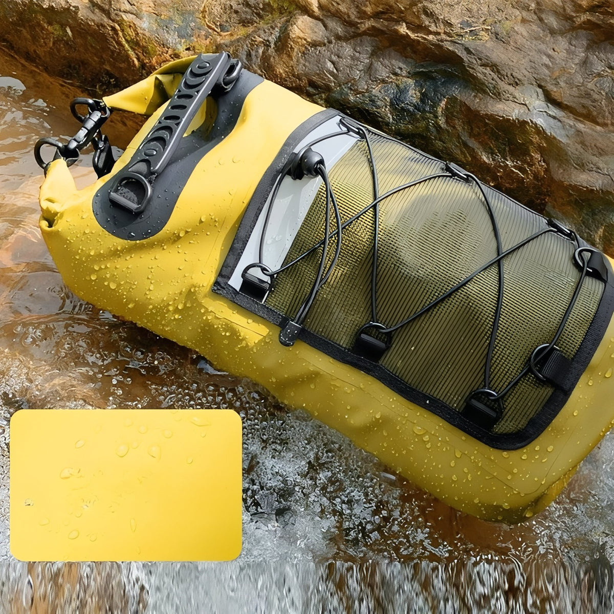 Sac Étanche Pour Randonnée gros plan sur le produit - Jaune - Vert - Noir
