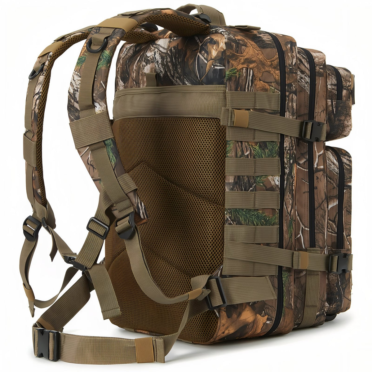 Close-up of Camouflage Backpack 45L strap and back - Black and Gray - Gray and Beige - Olive Green and Beige - Black - Brown and Forest Green - Beige Brown