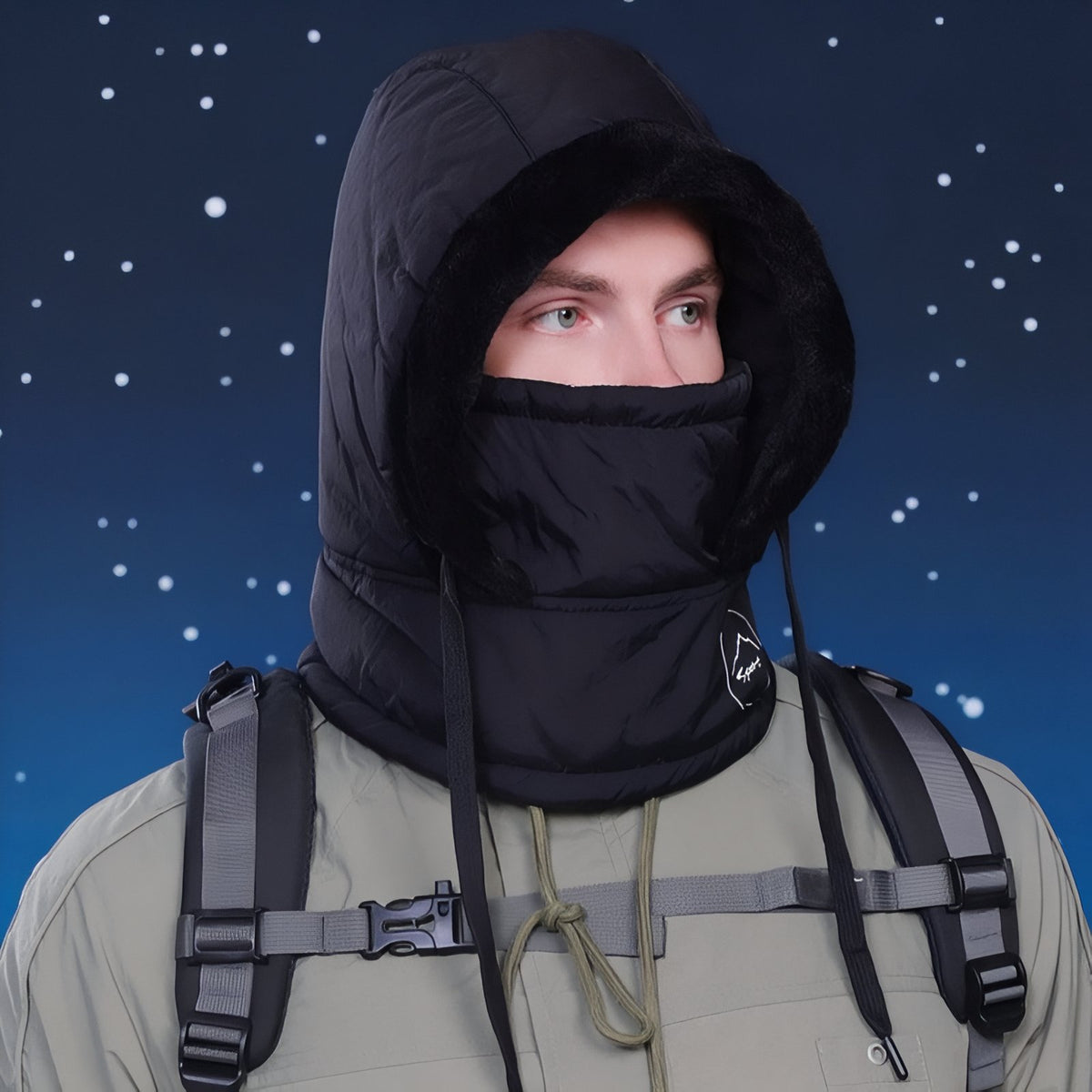 Warm Bataclava Hood worn by a model - Light Gray - Beige - Ebony Black - Navy Blue - Brown - Dark Gray - Pale Pink - White