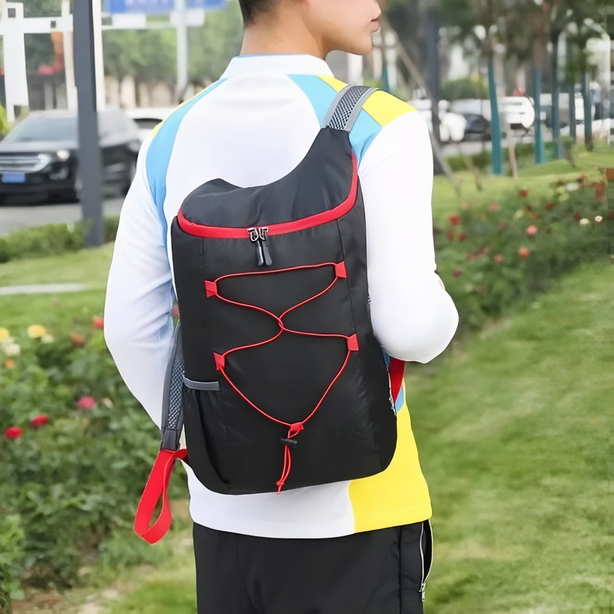 Foldable Hiking Backpack 20L worn on the back - Black and Red - Navy Blue and Orange - Gray and Blue