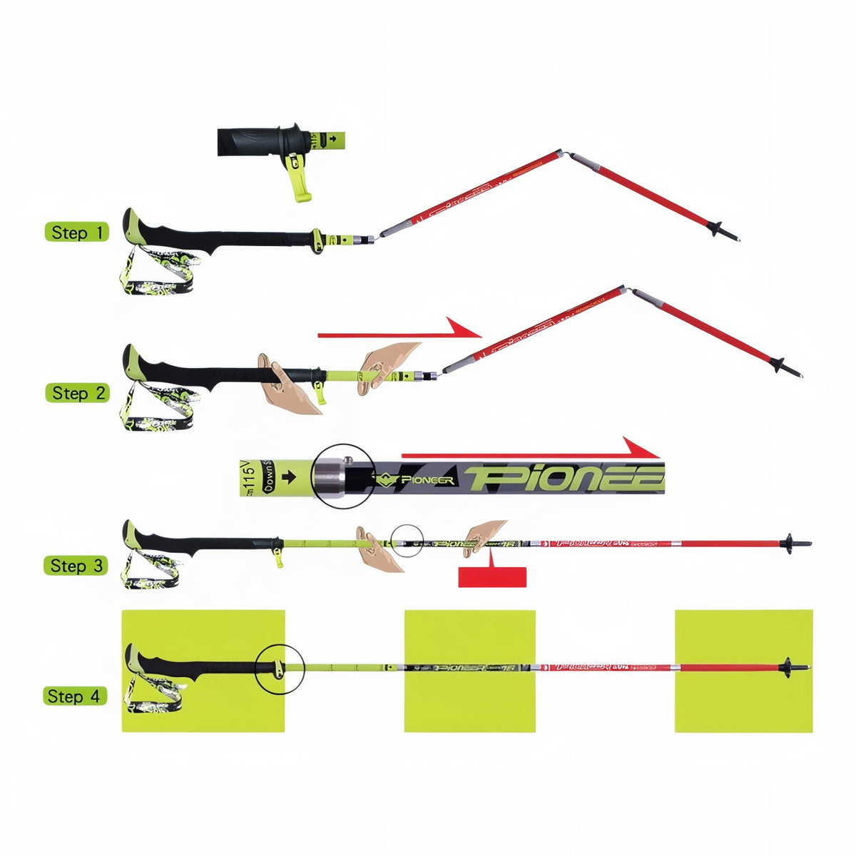 Carbon Folding Walking Stick size guide - Fluorescent Red and Green - Black