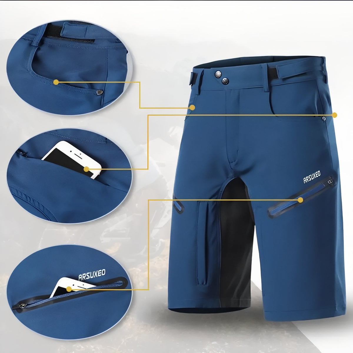 Close-up of Zip Bermuda Hiking Shorts with zippered pockets - Dark Gray - Navy Blue - Black - Sky Blue - Green - Burgundy - Orange
