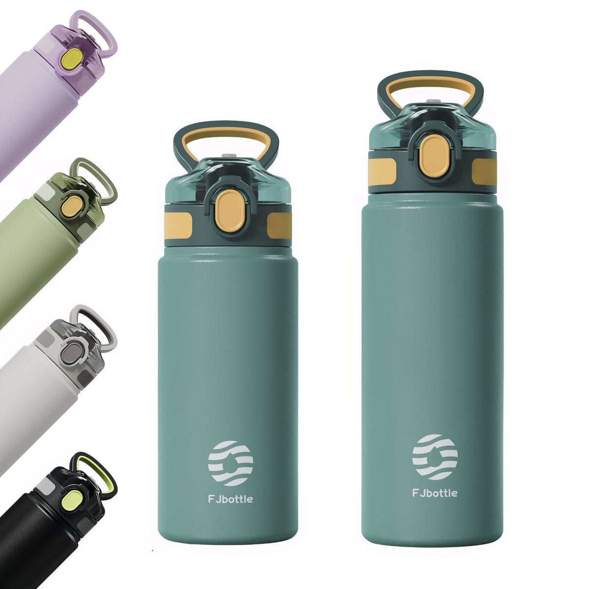 Insulated Water Bottle with Integrated Straw two bottles aligned - Turquoise - Green - White - Black