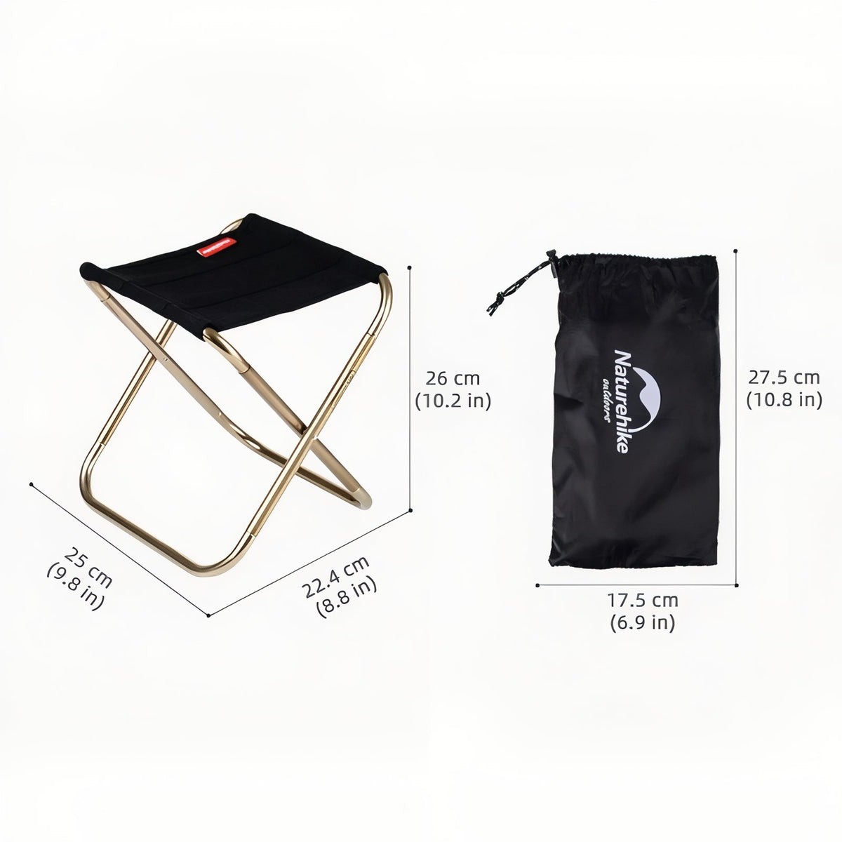 Tabouret Pliant Pour Randonnée guide des dimensions - Noir et Or - Vert Foncé