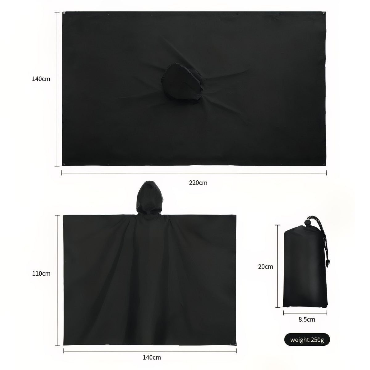 Poncho Imperméable de Randonnée guide des dimensions - Noir - Vert Camouflage - Gris Foncé