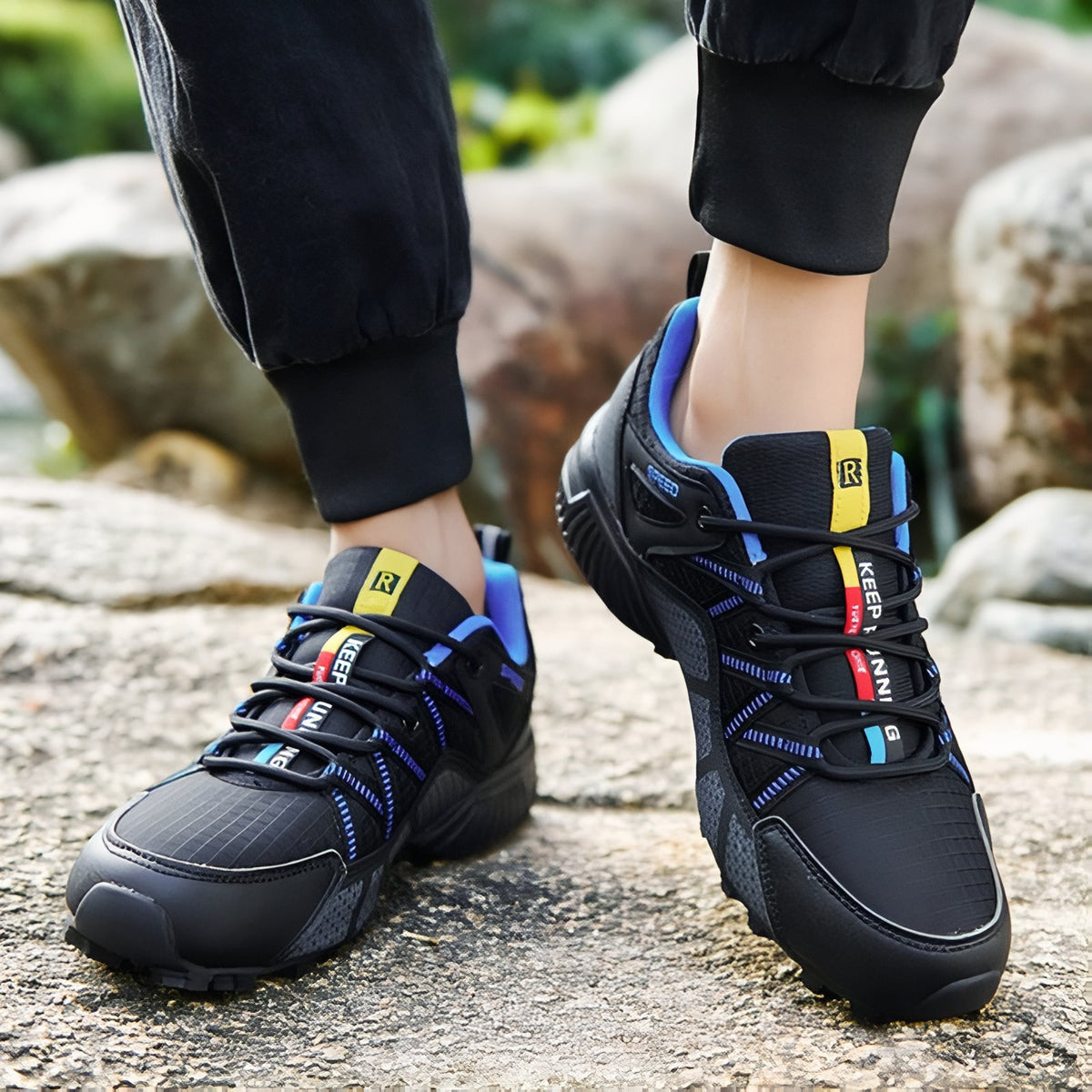 Waterproof Hiking Sneakers on the ground - Black - Black and Red - Black and Blue