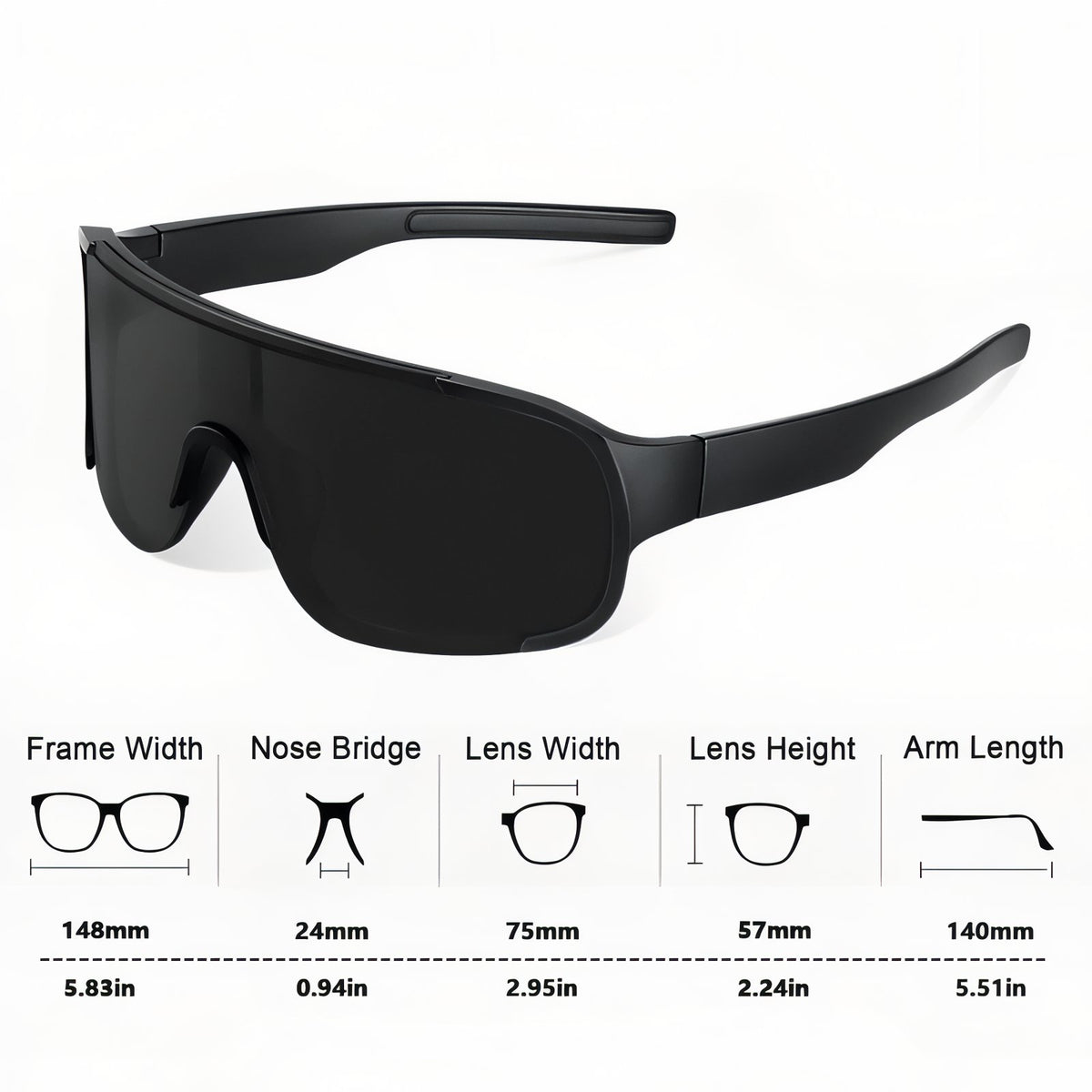 Lunette De Soleil de Randonnée guide des dimensions - Bleu Foncé - Vert Émeraude - Bleu Clair - Orange - Noir et Gris - Marron et Noir - Rose Pâle - Noir Mat