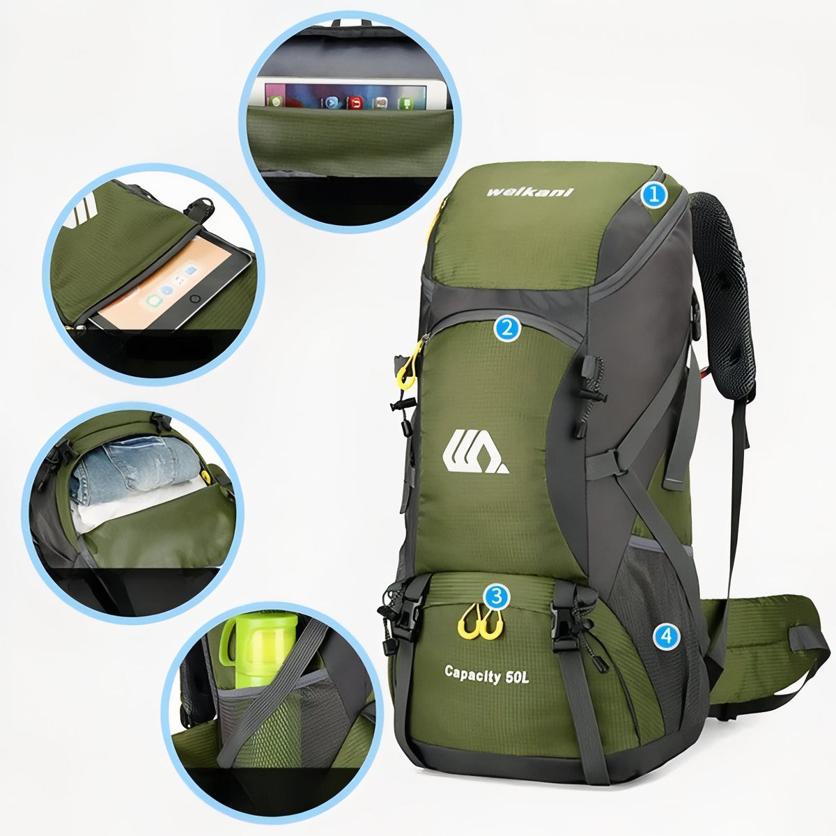 Lightweight Hiking Backpack 50 liters close-up compartments - Orange - Black - Navy Blue - Red - Green