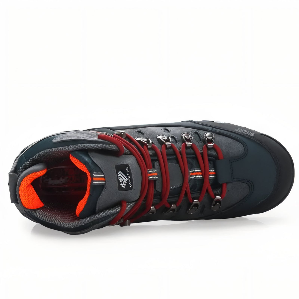 Men's Mountain Hiking Shoe close-up laces - Black and Orange - Navy Blue and Gray - Gray and Red