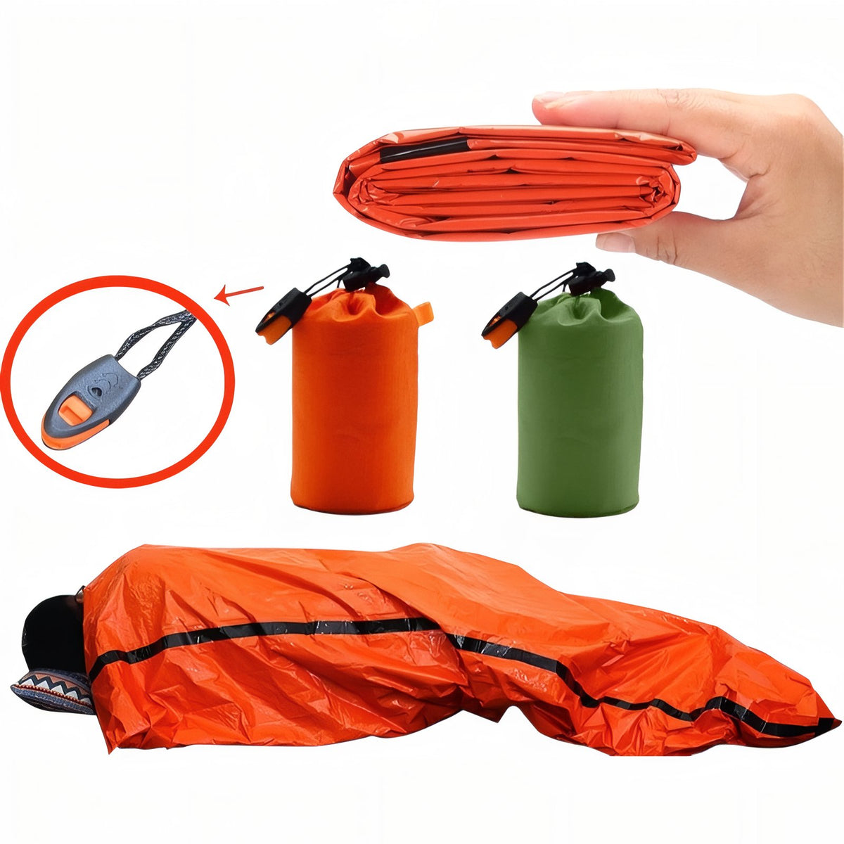 Couverture De Survie Sac De Couchage mise en situation portée - Orange Fluo - Vert