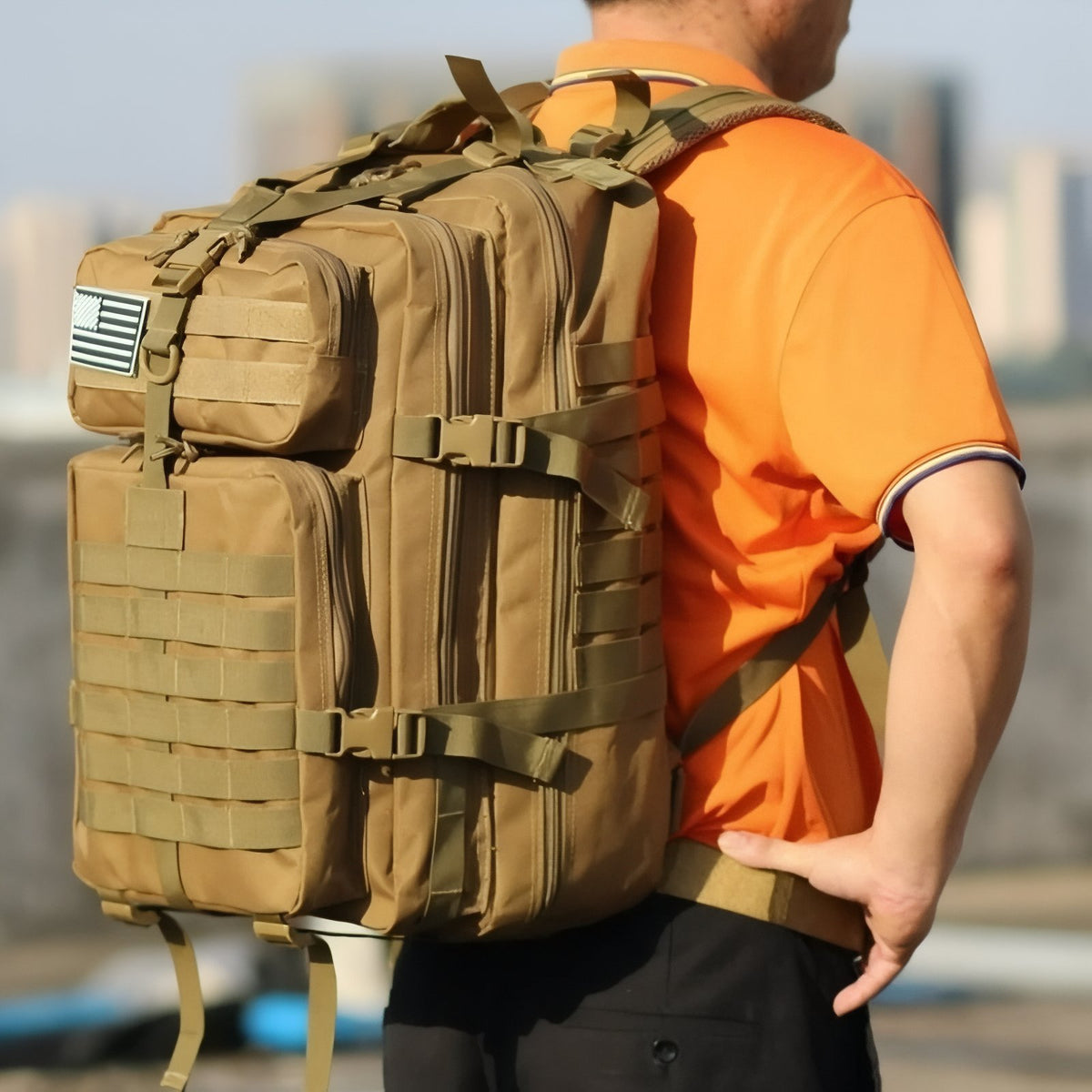 Military Hiking Backpack worn on the back - Beige - Black - Green