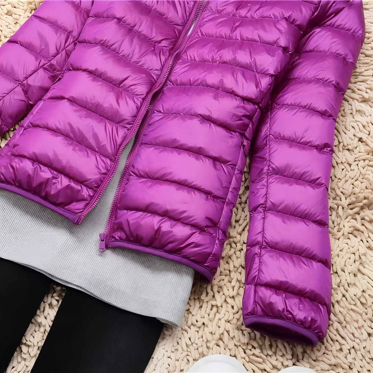 Women's Compressible Hiking Down Jacket close-up zip - Powder Pink - Navy Blue - Navy Blue (without hood) - Orange - Beige - Beige (without hood) - Mint Green - Mint Green (without hood) - Pink - Blue - Purple - Purple (without hood) - Red - Red (without hood) - Black - Black (without hood) - Burgundy - Burgundy (without hood)