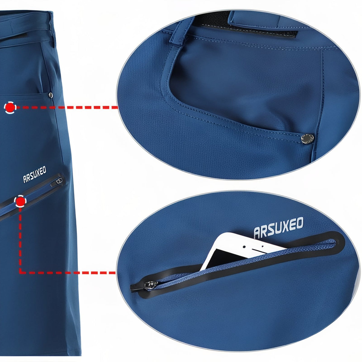 Close-up of Hiking Zip Bermuda with zipper closure - Dark Grey - Navy Blue - Black - Sky Blue - Green - Burgundy - Orange