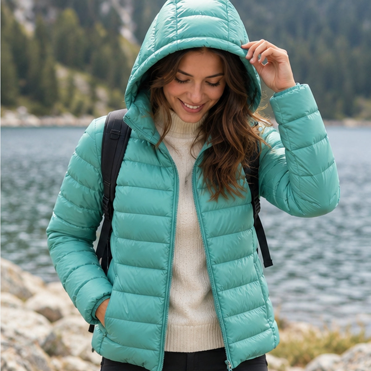 Women's mint green compressible hiking down jacket with hood up by a lake