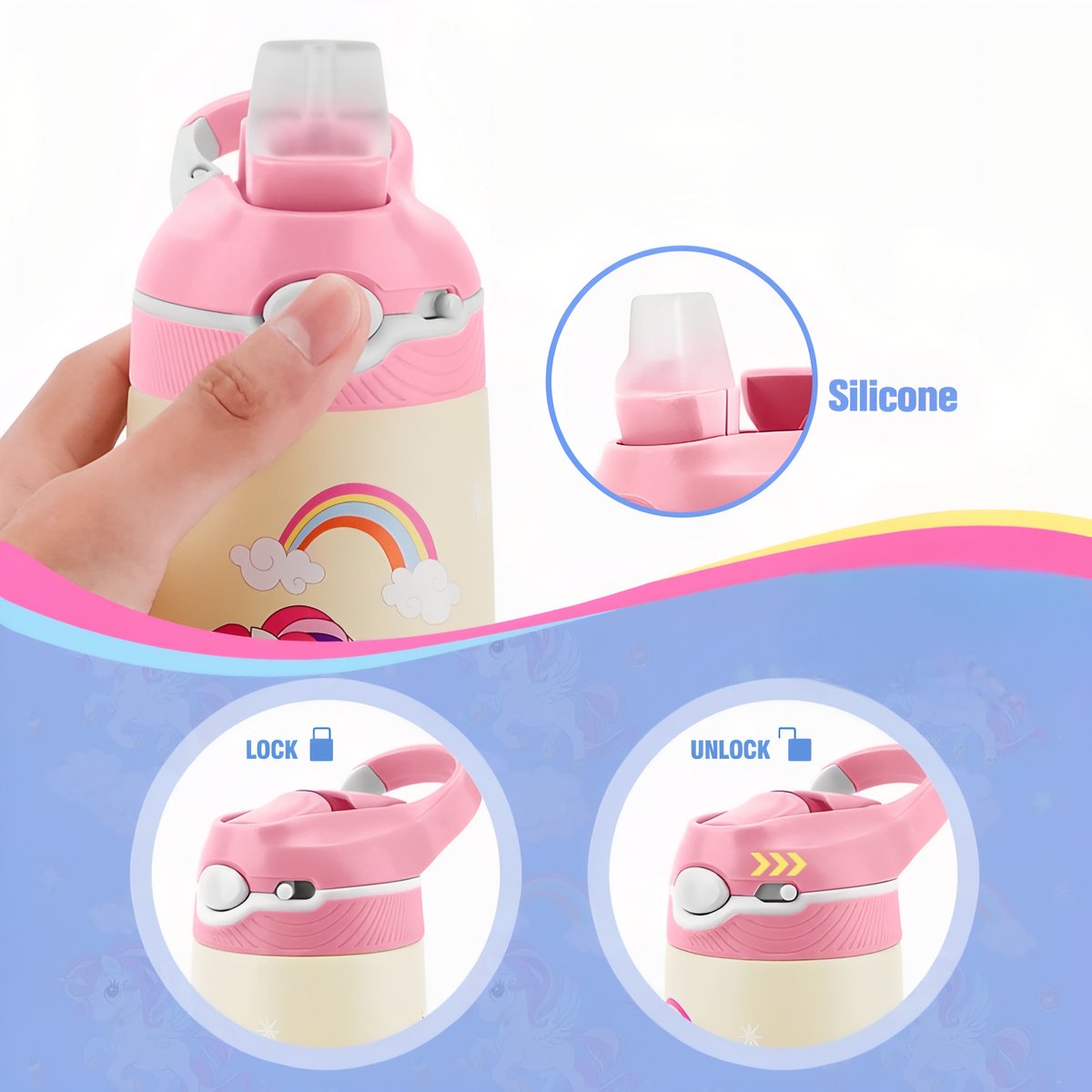 Child's Flamingo Water Bottle 400ML close-up opening mechanism - Flamingo