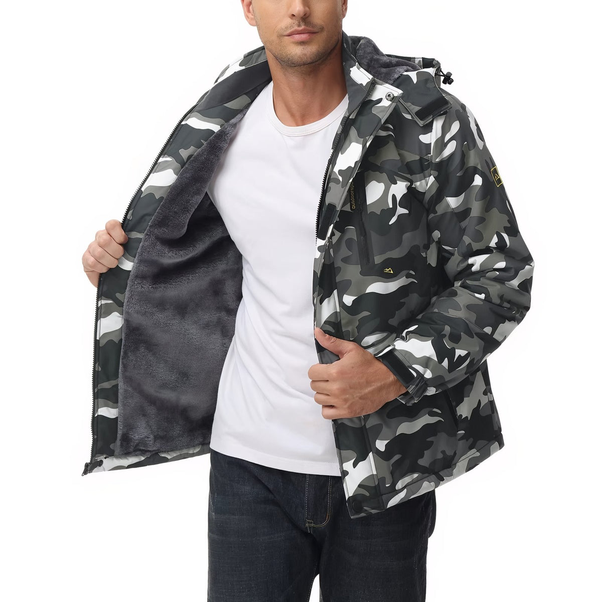 Camouflage Hiking Jacket worn open - Dark Green - Blue - White - Black