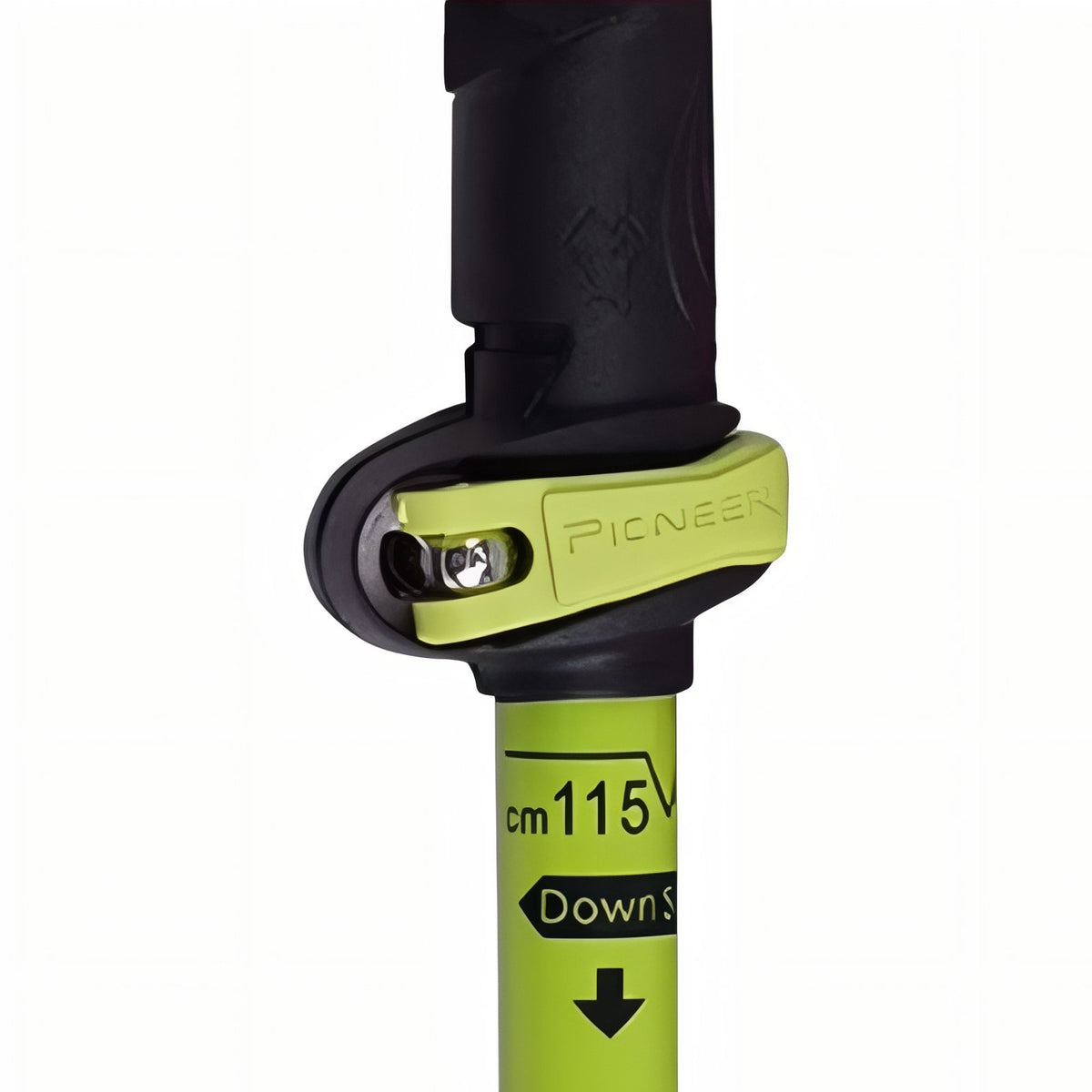 Close-up of the folding carbon walking stick locking mechanism - Fluorescent Red and Green - Black