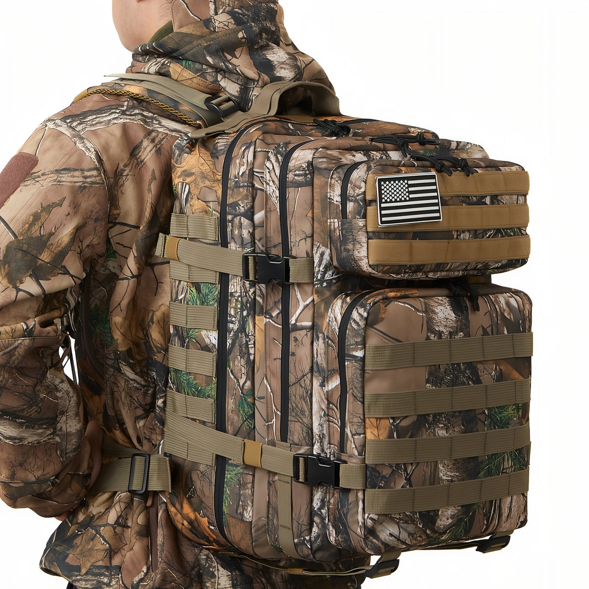 Camouflage Backpack 45L worn on the back - Black and Gray - Gray and Beige - Olive Green and Beige - Black - Brown and Forest Green - Brown Beige
