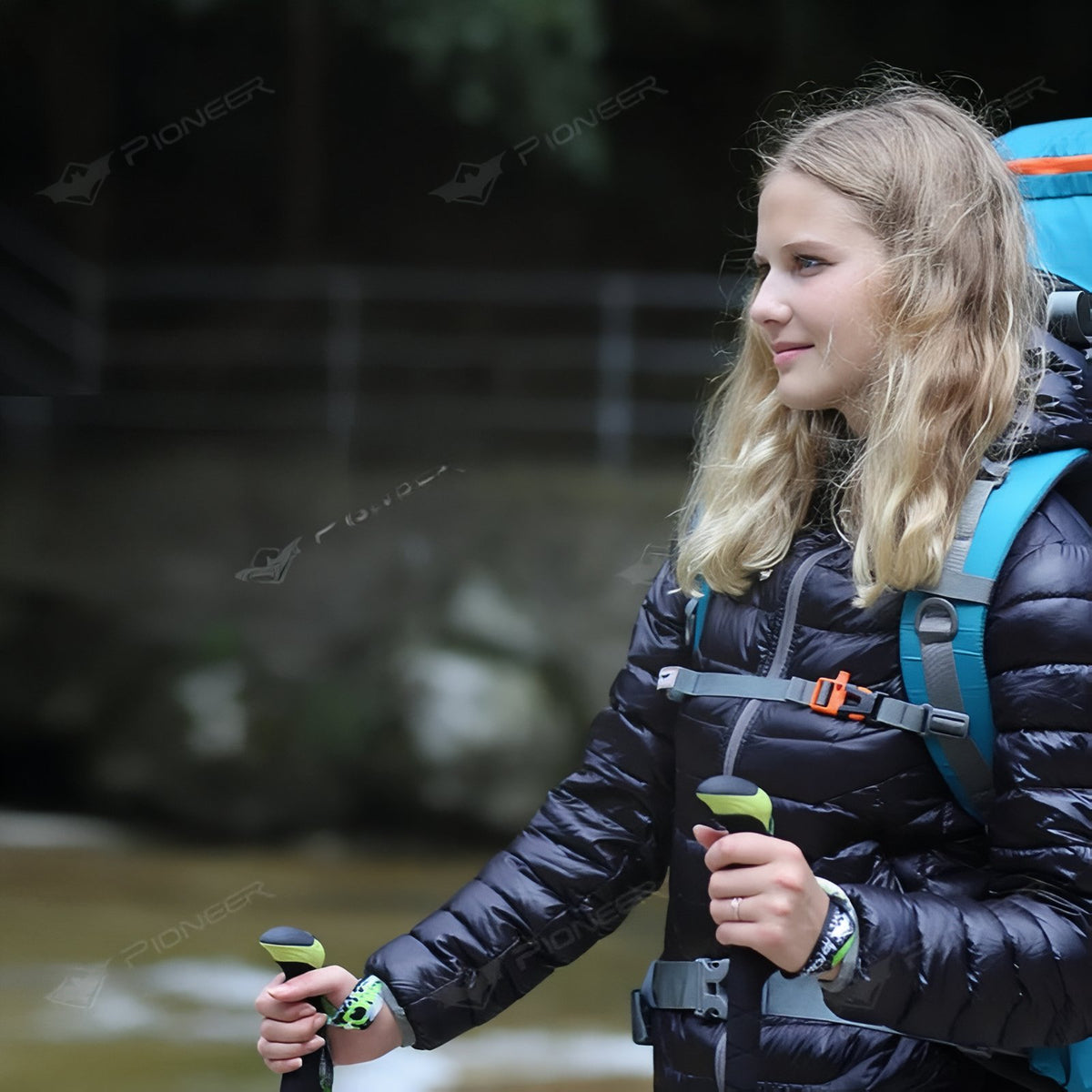 Carbon Folding Walking Stick carried by hand - Fluorescent Red and Green - Black