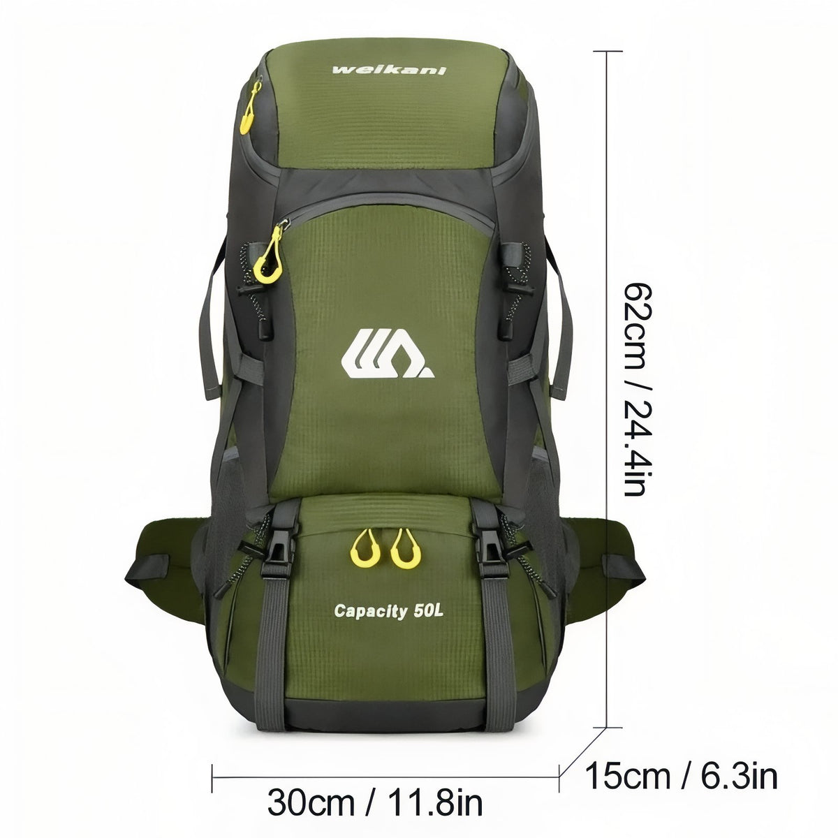 Lightweight Hiking Backpack 50 Litres displayed dimensions - Green