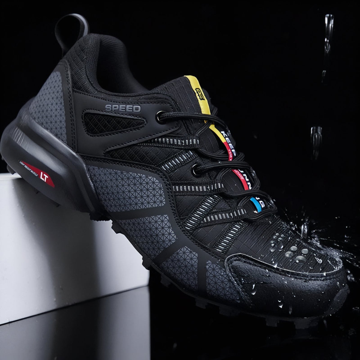 Close-up of Waterproof Hiking Shoes - Black - Black and Red - Black and Blue