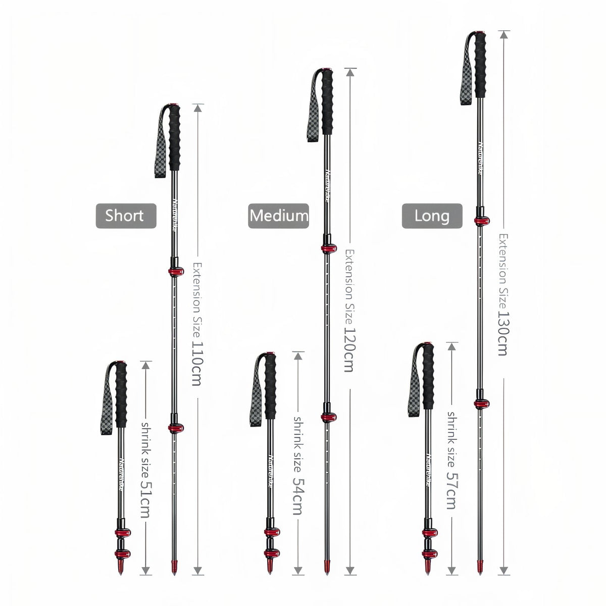 Bâton de Randonnée Télescopique Carbone guide des dimensions - Bleu et Noir - Rouge et Noir