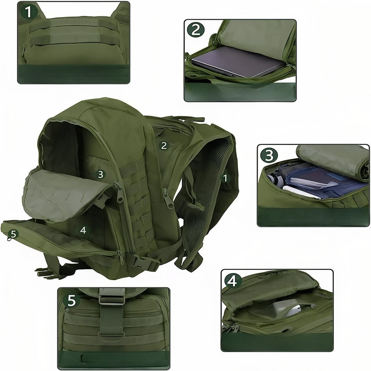 Military Backpack 40 Liters open compartment - Olive Green - Sand Beige - Black - Gray
