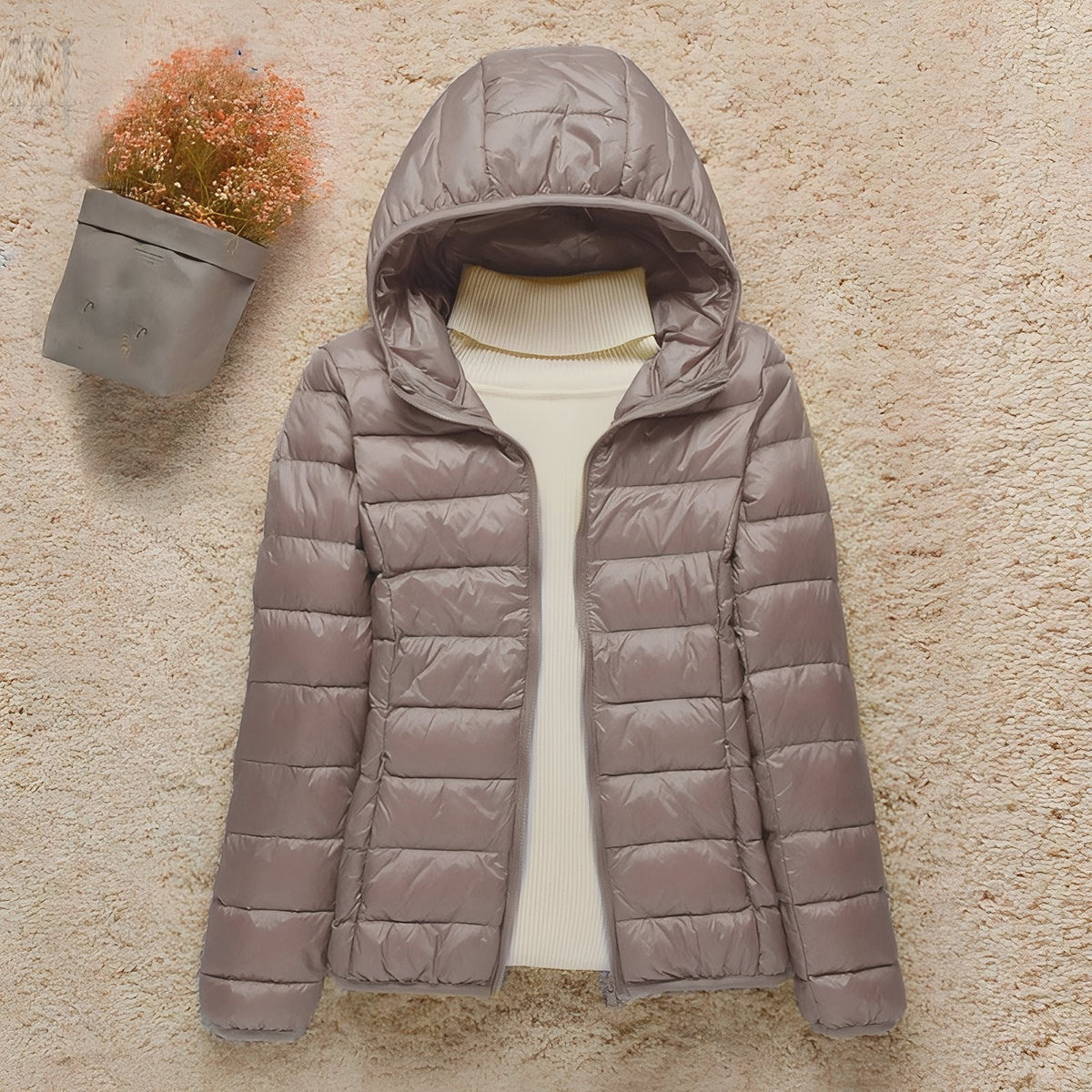 Women's Compressible Hiking Down Jacket in use - Powder Pink - Navy Blue - Navy Blue (without hood) - Orange - Beige - Beige (without hood) - Mint Green - Mint Green (without hood) - Pink - Blue - Purple - Purple (without hood) - Red - Red (without hood) - Black - Black (without hood) - Burgundy - Burgundy (without hood)